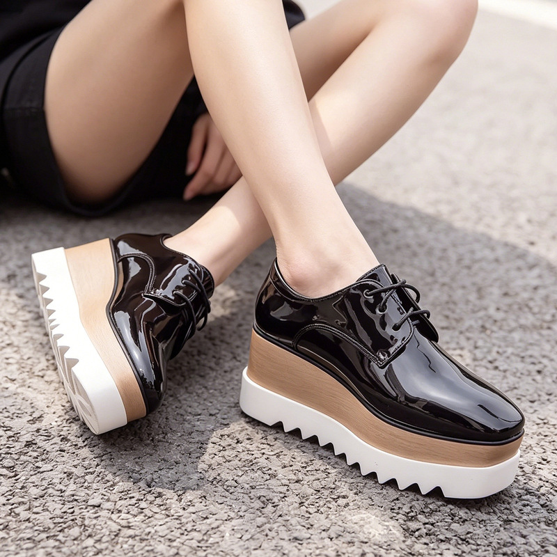Japanese Style Spring Shoes for Women 2026 New Korean Version Versatile Patent Leather Lace-Up Thick-Soled Wedge Square-Toe Platform Casual Shoes Japanese Style Spring Shoes for Women 2026 New Korean Version Versatile Patent Leather Lace-Up Thick-Soled Wedge Square-Toe Platform Casual Shoes