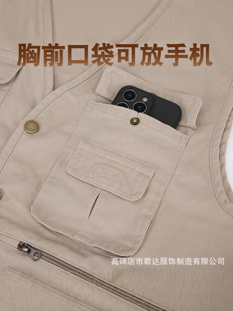 Chaleco de pesca y trabajo para hombre, multibolsillos, de algodón puro lavado, para fotografía transfronteriza y actividades al aire libre.