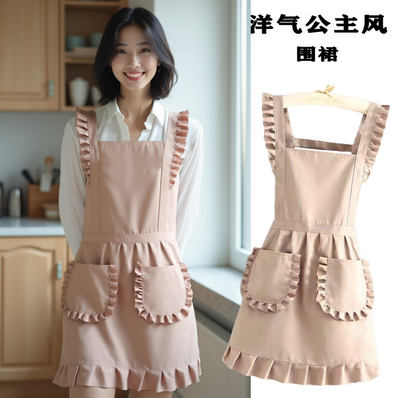 韓国版防汚エプロン家庭用キッチン調理エプロン女性用プリントケータリングミルクティーショップ洋風メイド作業服|undefined