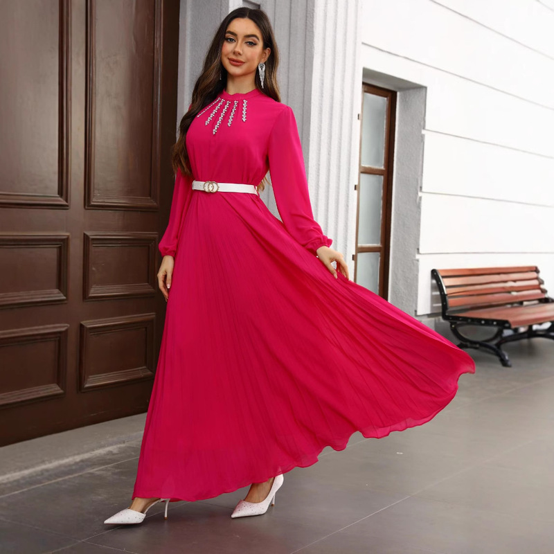 Cross-Border New Model Foreign Trade Factory Direct Sale Women's Fashionable Handmade Rhinestone-Embellished Extended-Length Dress