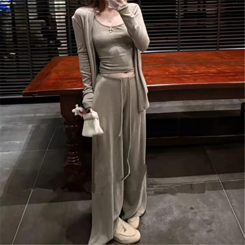 European and American Style Autumn Lazy Cardigan Camisole Three-Piece Set Long-Sleeve Jacket + High-Waisted Casual Floor-Length Pants European and American Style Autumn Lazy Cardigan Camisole Three-Piece Set Long-Sleeve Jacket + High-Waisted Casual Floor-Length Pants