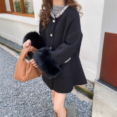 千金小个子中长款外套2025新款高级感钉珠狐狸毛双面羊毛女外套