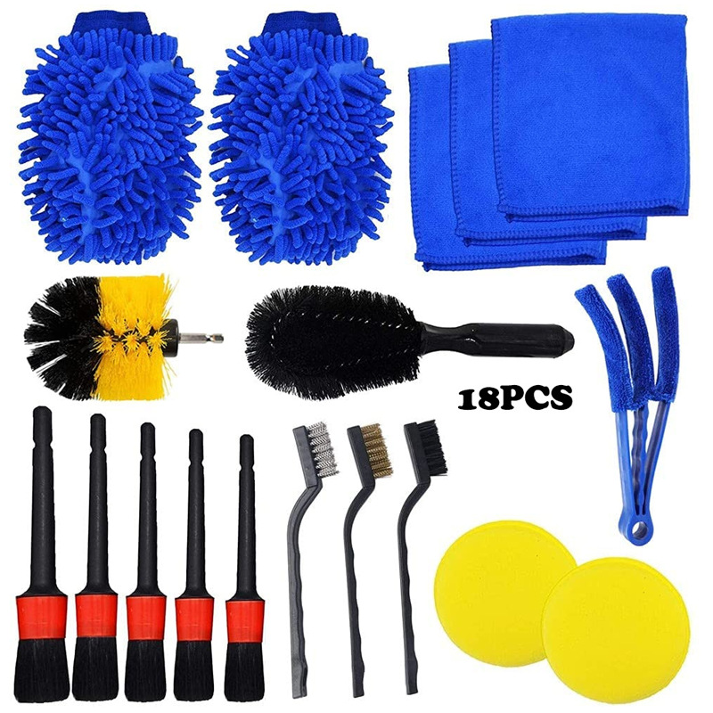 18-piece detalle del coche kit de limpieza detalle cepillo valet almohadilla de limpieza para el neumático de la rueda del motor