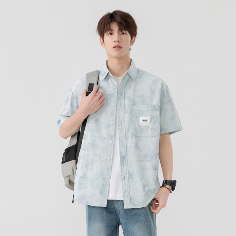 Pure Cotton Short-Sleeved Shirt for Boys, High School and Junior High School Students, Summer Thin Jacket, Teenagers and Older Children's Tie-Dye Lapel Shirt