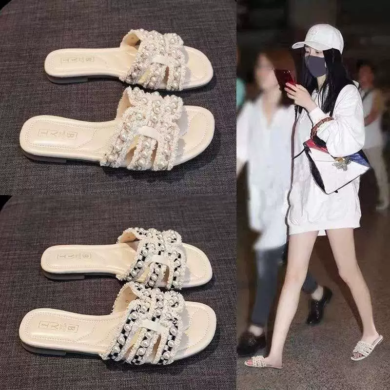 Женские пляжные сандалии Little Fairy Pearl Slippers, лето 2025, новая модель, плоская подошва