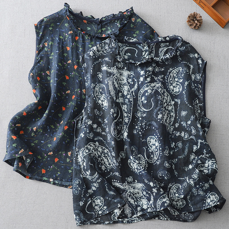 2026 Summer New Cotton and Linen Vintage Print Ruffled Collar Sleeveless Blouse with Back Buttons Loose Top for Women