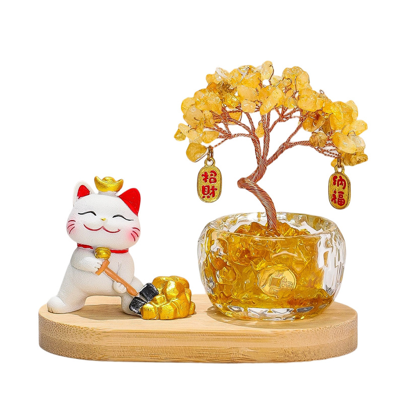 天然黄水晶发财树办公室桌面摆件卡通可爱躺赢招财猫客厅书房装饰|undefined