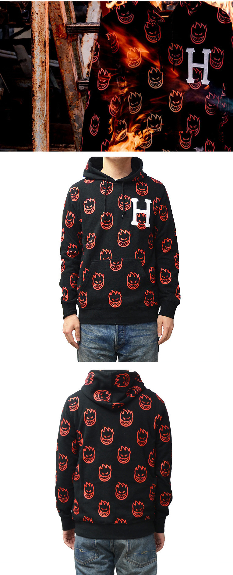 Trendy men's hip-hop American skateboard full print Little Fire Man street dance hooded casual hoodie_voghion.com