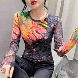 2024新款印花休闲长袖网纱定位印花t恤女时尚修身打底衫潮圆领