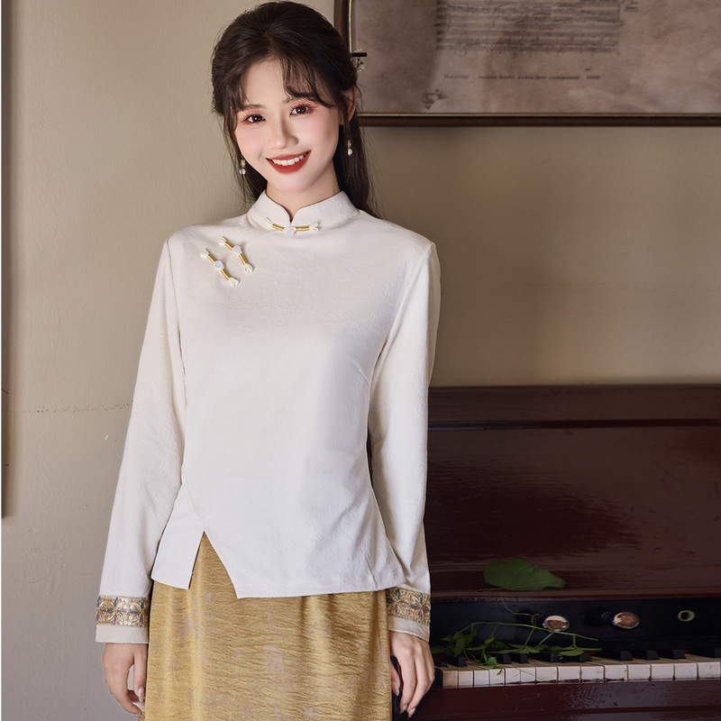 秋冬新中式套装国风盘扣丝绒衬衫女秋别致开叉打底衫旗袍领小上衣|undefined