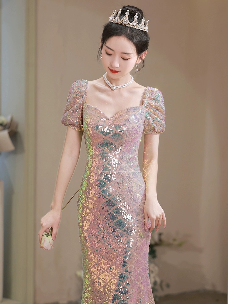 Fishtail Evening Dress 2025, New Elegant Style, High-End Sequin Square Neckline, Slim Fit, Light Luxury, Niche High-End Engagement Dress