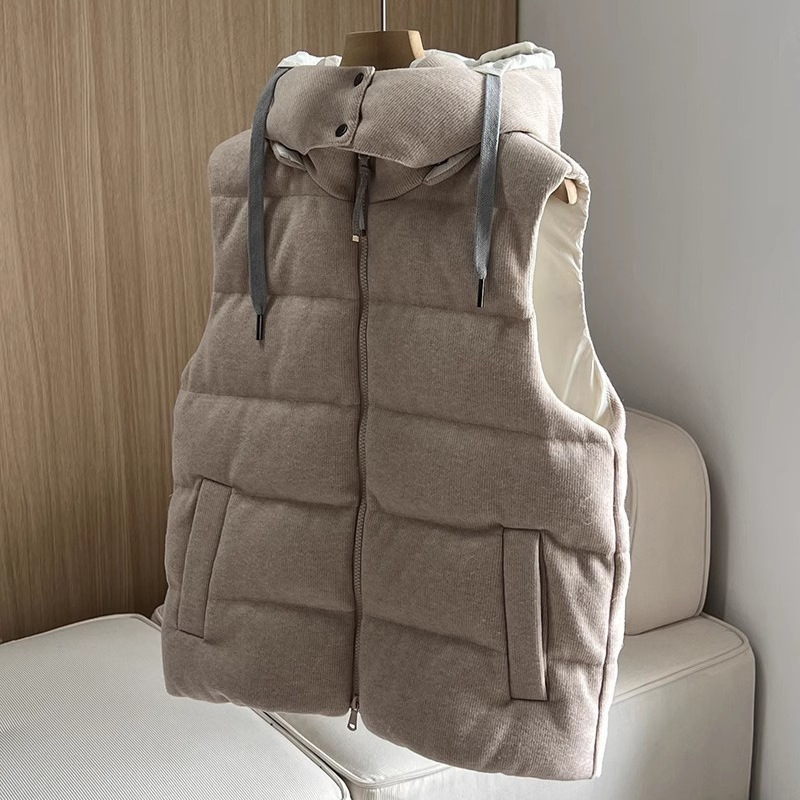 2025 New European Autumn and Winter Knitted Patchwork Hooded Short White Goose down Vest down Jacket Vest for Women