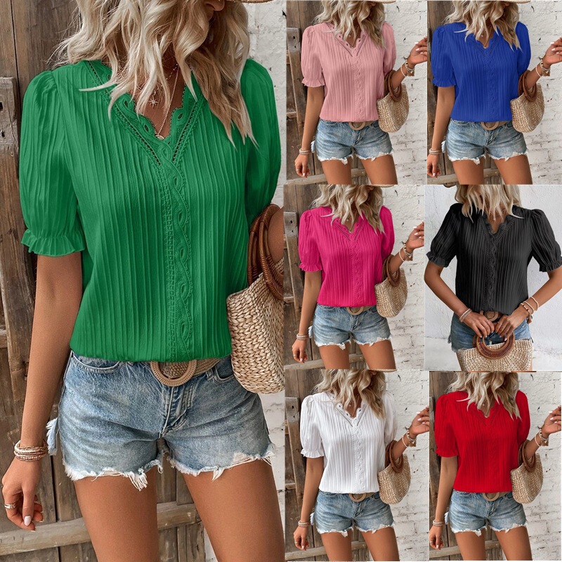 European Size Independent Online Store Cross-Border Foreign Trade Summer New Holiday Fashion Hollow-Out Short-Sleeve European and American Women's Shirt European Size Independent Online Store Cross-Border Foreign Trade Summer New Holiday Fashion Hollow-Out Short-Sleeve European and American Women's Shirt