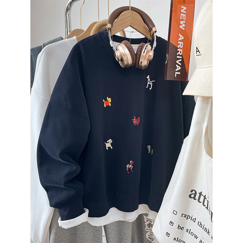 Korean Style Cartoon Embroider Cute Age-Reducing Round Neck Pullover Sweatshirt for Women Casual Student Loose Jacket Autumn and Winter New Trend