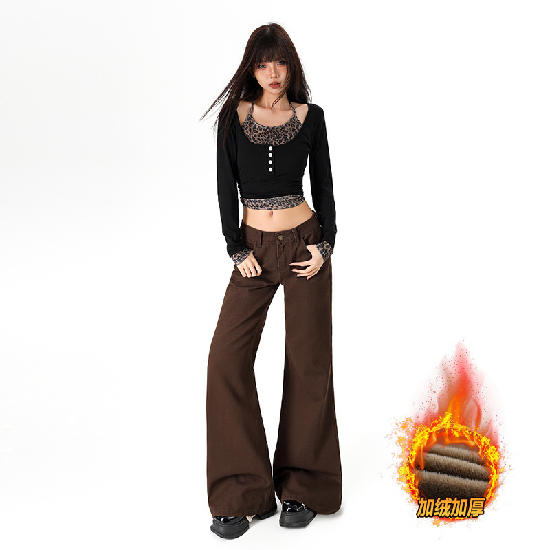 Fleece-Lined Thickened Coffee-Colored American-Style Low-Waist Wide-Leg Flared Jeans for Women, Loose Fit, Straight Cut