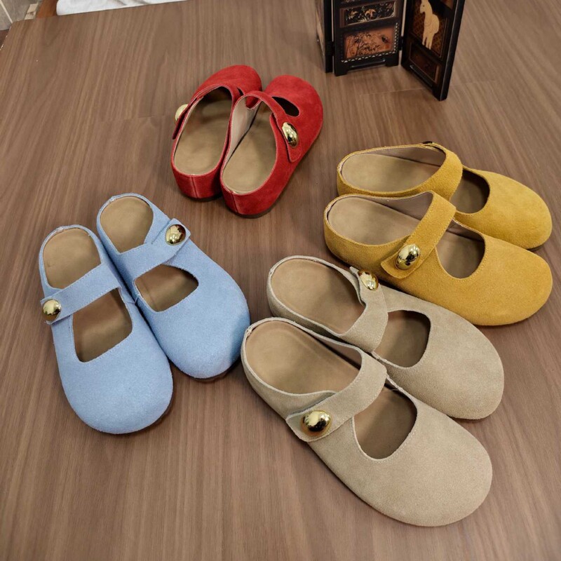 Cowhide Version of the Same Style as the Internet Celebrity, 5cm Taller~ Little Golden Bean Large Round Toe Soft Cute Heightening Birkenstock Half Slippers for Women