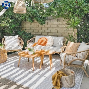 Outdoor Rattan Sofa Balcony Courtyard Homestay Hotel Terrace Garden Sofa Combination Rattan Chair Leisure Furniture