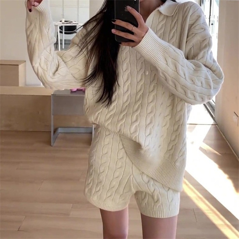 Lazy Style Twist Knit Polo Collar Slimming Long-Sleeve Sweater for Women 2026 Autumn and Winter High-Waisted Stylish Versatile Shorts Set Lazy Style Twist Knit Polo Collar Slimming Long-Sleeve Sweater for Women 2026 Autumn and Winter High-Waisted Stylish Versatile Shorts Set