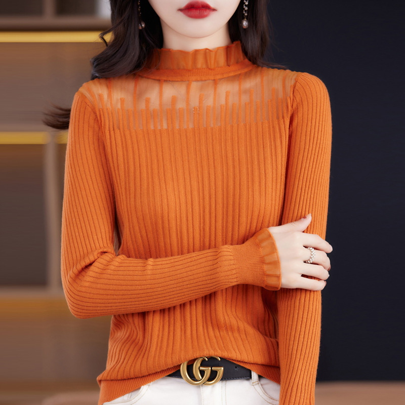 Worsted Wool 2024 Autumn and Winter Women's New Short Lace Mock Collar Lace Stitching Long Sleeve Pullover Base Sweater