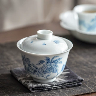 陶瓷家用泡茶碗单碗主泡碗功夫茶具 拟古青花手绘橘子花二才盖碗