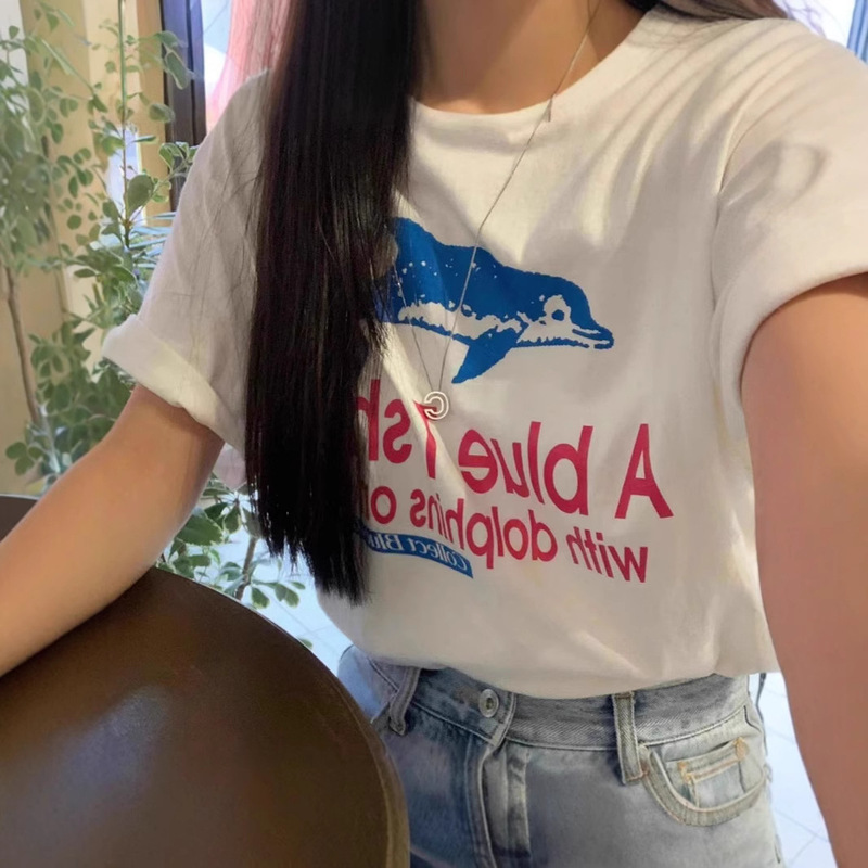 2025 Summer South Korea Niche teket Dolphin Printing Che Yuan Jing Same Style T-shirt American Retro Loose Short Sleeve Women