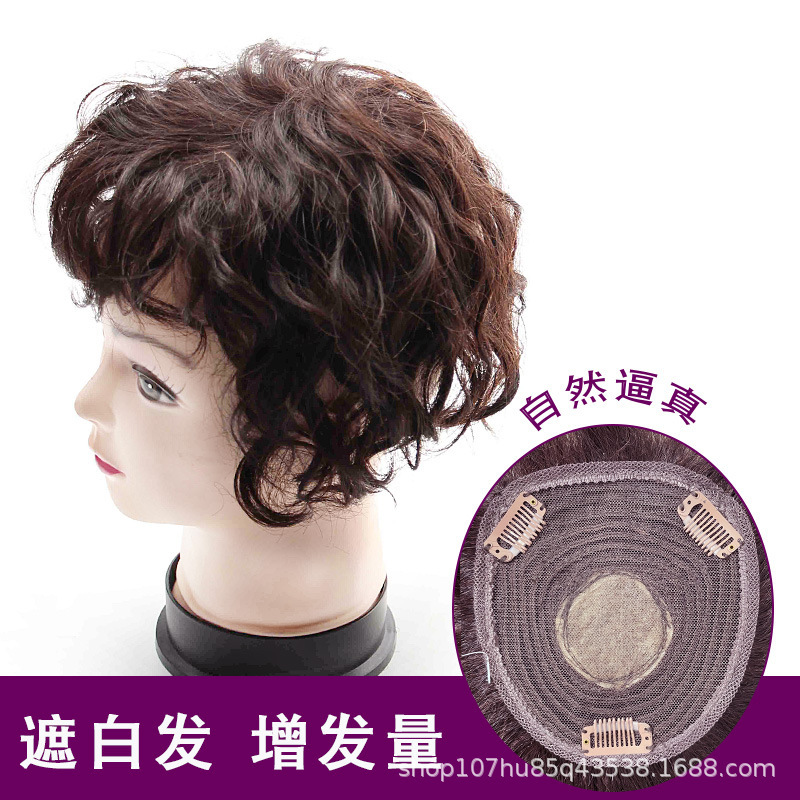 Real hair fluffy curly hair piece women's texture hot wool roll simulation scalp cover white hair replacement factory wholesale Real hair fluffy curly hair piece women's texture hot wool roll simulation scalp cover white hair replacement factory wholesale