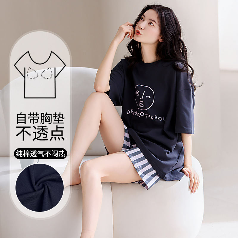 2025 Summer Pajamas Women's Short-Sleeved Shorts Thin Pure Cotton High-End Casual and Comfortable Home Wear Set with Chest Pad