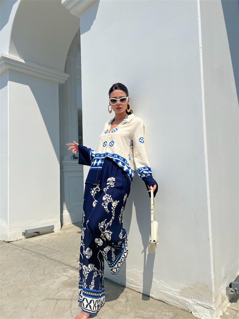 Shirt Collar Neckline Comfort Function Holiday Women's Vacation Color Block Polyester Printing Pant Co-ord Set Pants Sets