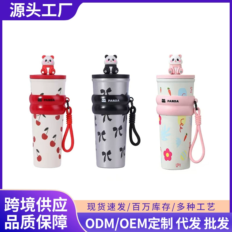 Детский термос из нержавеющей стали 304, кофейная кружка, милая панда, игрушка, кружка для льда, большая емкость, кружка с трубочкой, оптом