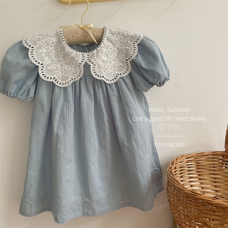 Xifan 2025 Summer New Product Girls Retro Lace Collar Dress Kidsren Baby Cotton French Short-Sleeved Skirt
