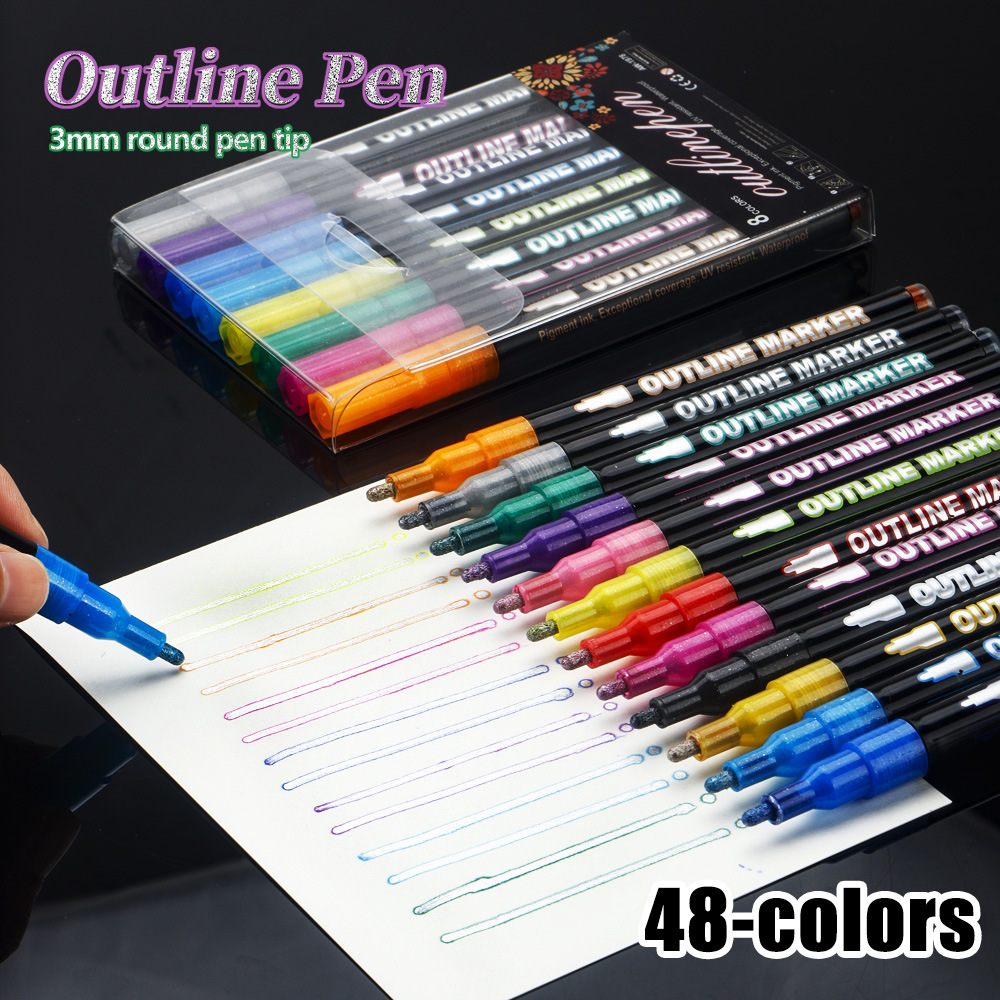 Transfronterizo venta caliente TEMU doble línea de contorno bolígrafo 48 color conjunto de cuentas de mano DIY creativo marcador bolígrafo marcador fluorescente