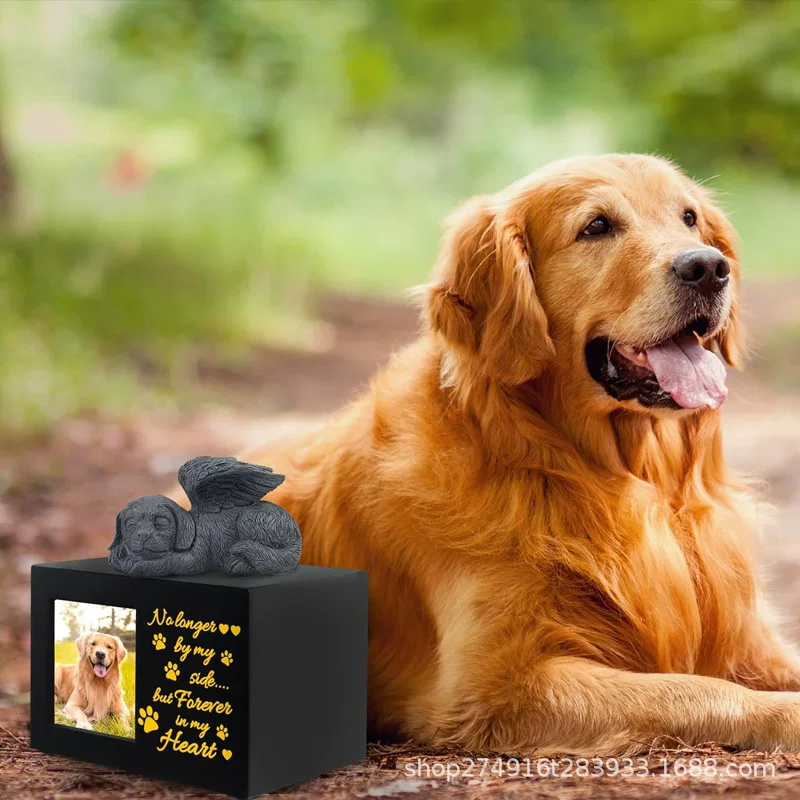 Pet urn cross-border text patterns can be made into urn solid wood processing with photo frame + angel dog funeral