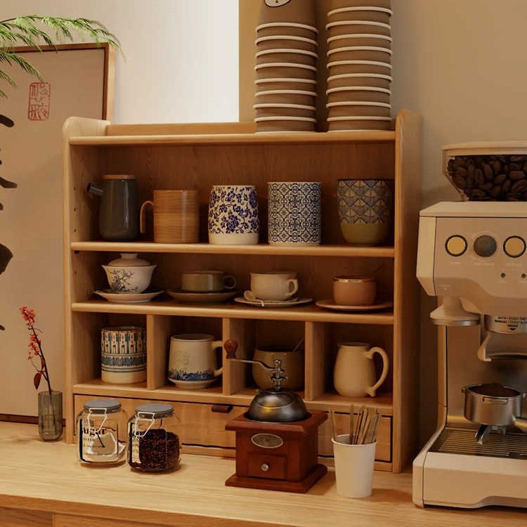 Estante de copa de madera maciza, estante de almacenamiento de taza de café, estante de exhibición de almacenamiento de taza de color de nogal, gabinete de almacenamiento de taza de agua de mesa