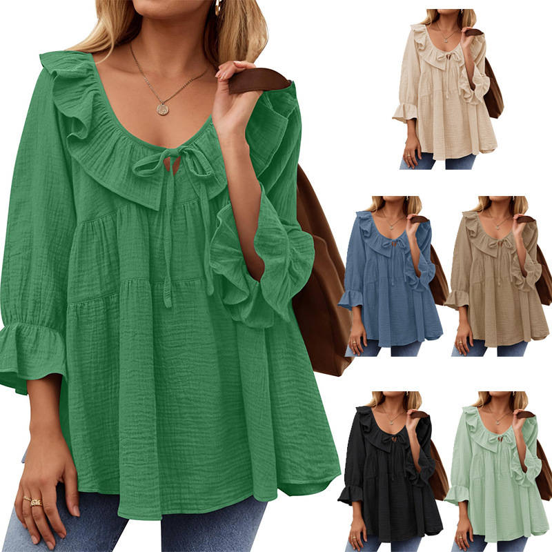 in stock AliExpress European and American Amazon Women's Round Neck Lace-up Front Pleat Multi-layer Loose Waist Shirt Autumn
