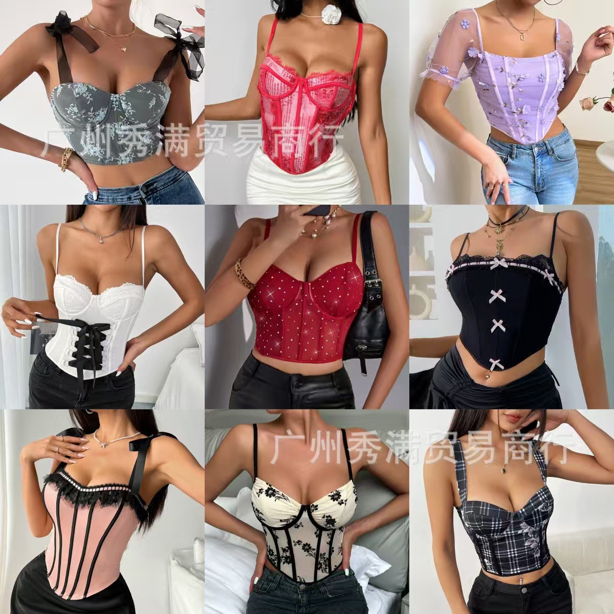 Top con bordado tridimensional y malla, estilo corsé con ballenas
