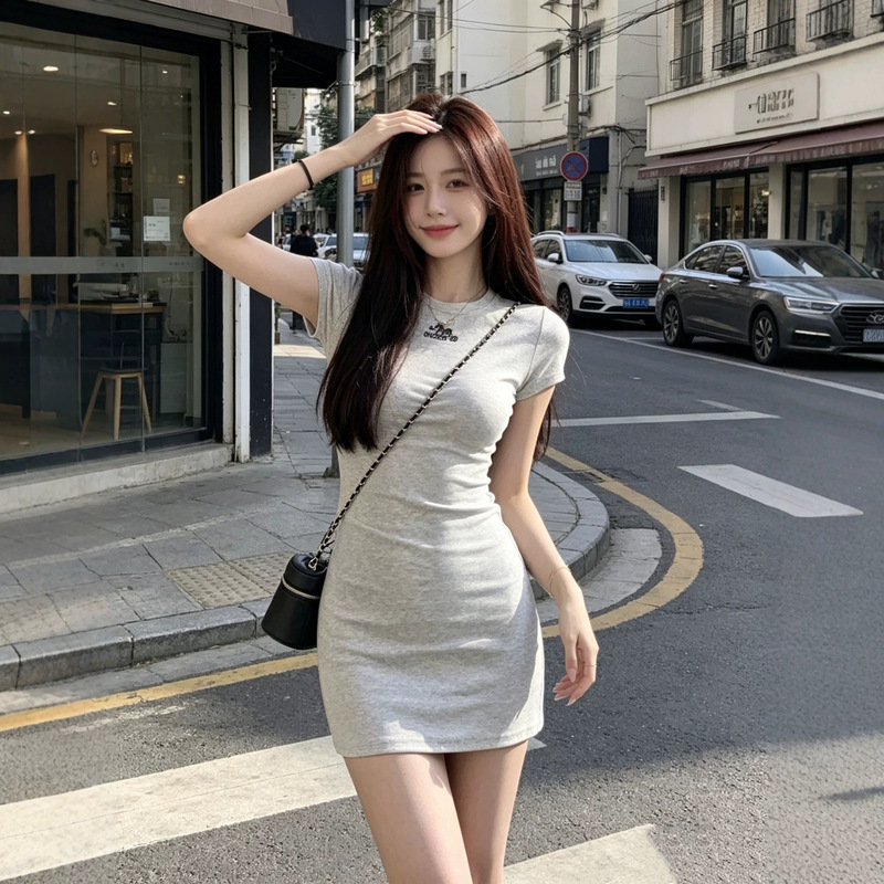 Casual Sports A-Line Short Skirt, Sweet and Stylish T-Shirt Dress for Women, Waist-Cinching, Slim-Fit, Short-Sleeve, Embroidered Bodycon Dress for Spring