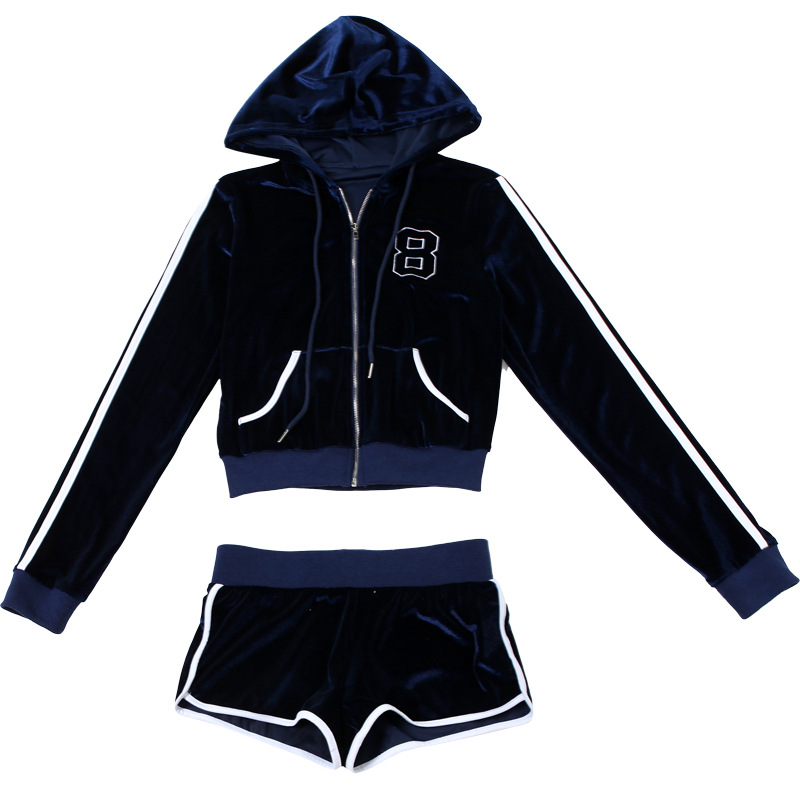 Autumn Winter Slim Embroidered Zipper Hoodie Coat High Waist Shorts Sets