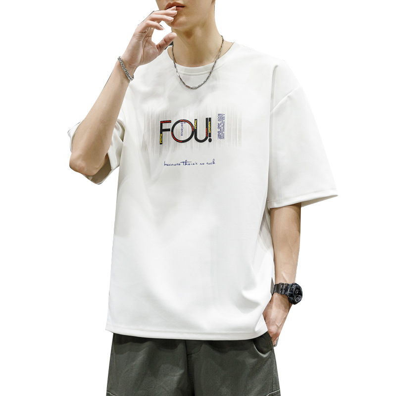 Large size men's short-sleeved round neck print knitted half-sleeved larger and widened youth Hong Kong style fat man top trendy