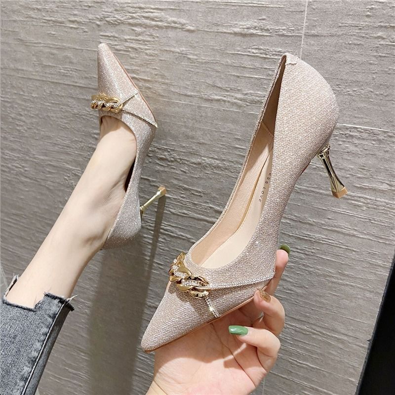 Black Women's Shoes New Model 2026 Hot Style Thin Heel Medium Heel Sequin Rhinestone Design Niche Style Autumn and Winter Single Shoes Black Women's Shoes New Model 2026 Hot Style Thin Heel Medium Heel Sequin Rhinestone Design Niche Style Autumn and Winter Single Shoes