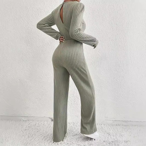 Women's European and American Amazon Foreign Trade Autumn and Winter New Knit Solid Color Casual Drawstring Long Sleeve Round Neck Bodysuit Set