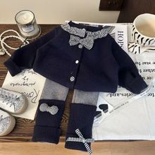 甜小司韩版童装新款秋季女童格子拼接毛衣开衫蝴蝶结打底裤两件套