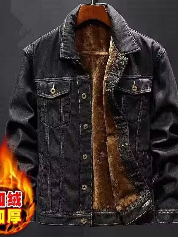 Demi-season black denim warm jacket