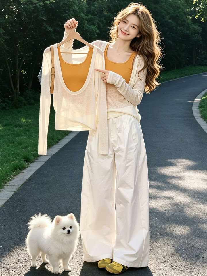 Bộ đôi áo hai dây cổ chữ U kèm áo khoác tay dài phong cách ngọt ngào — Áo ba lỗ màu vàng + áo khoác chống nắng