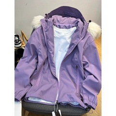 紫の帽子の突撃服の女性の新型のアメリカの復古の小さい背のゆったりとした防水の工装のコートの潮