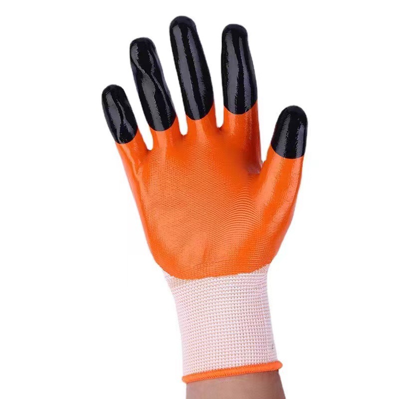 White gauze blue nylon nitrile coated work gloves, gardening black dipped nitrile gloves for work, wholesale