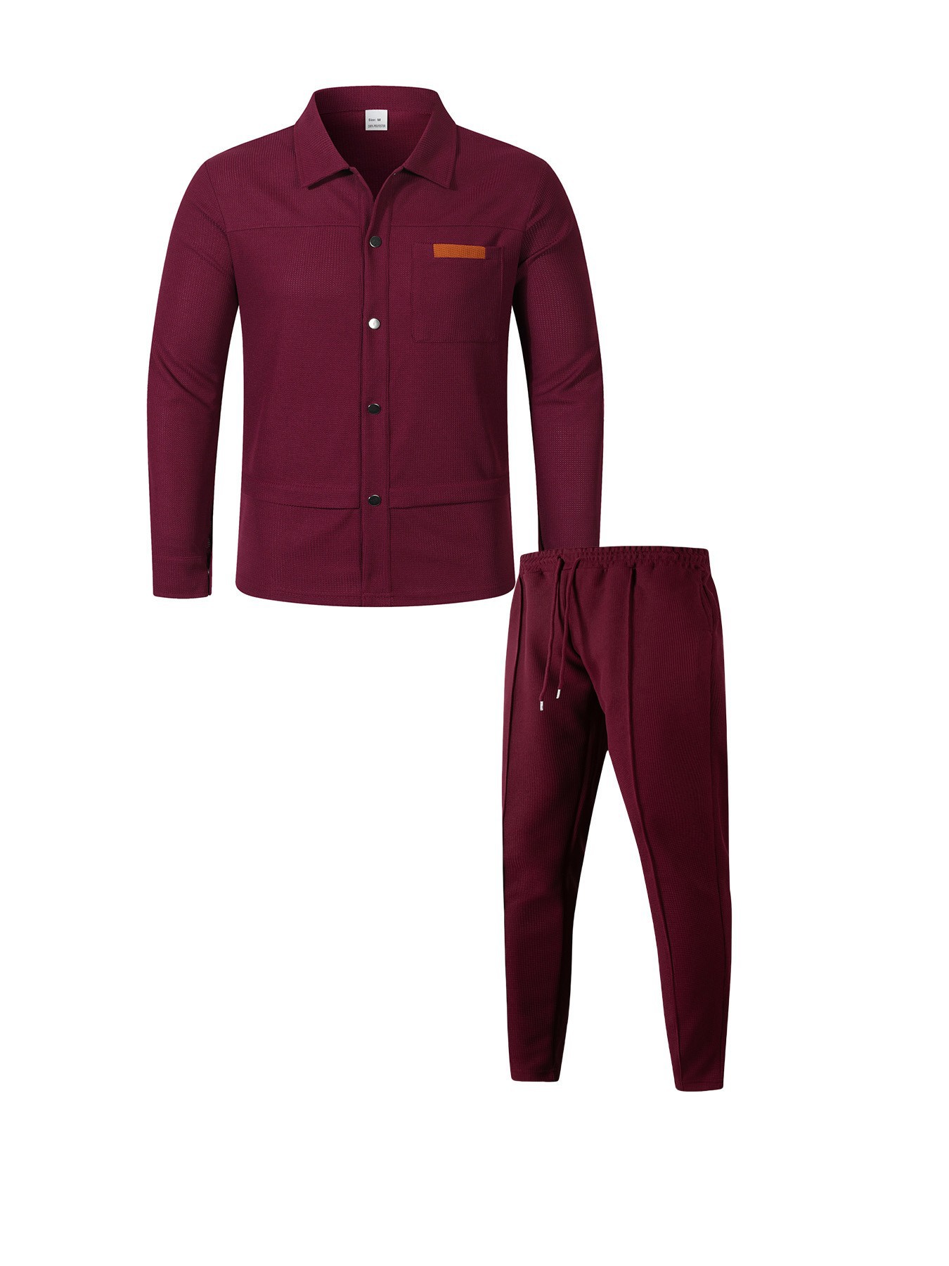 Men's Waffle Texture Lapel Button Casual Set Long Sleeve Top Pants_voghion.com