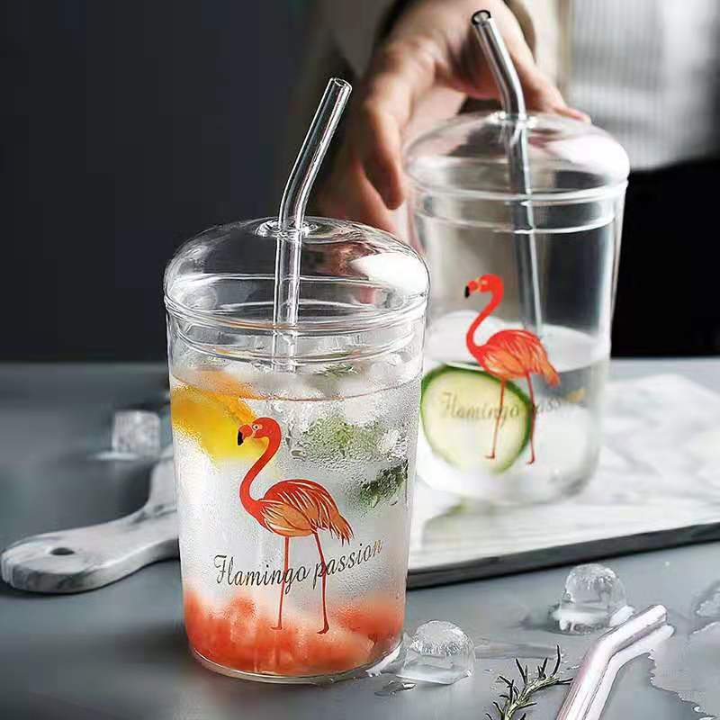 Taza de paja de vidrio de borosilicato con tapa de gran capacidad ins Wind Star taza de agua taza de jugo de leche de desayuno