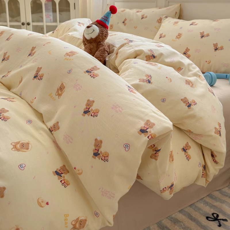 Cama de hilo de doble capa de algodón estilo ins Juego de cuatro piezas Funda de edredón de algodón puro para niños 2025 Nuevo juego de tres piezas de dormitorio de sábanas
