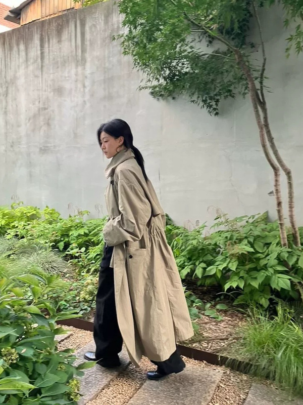 生C 2025秋季新款韩版mo*oha气质纯色翻领双排扣假两件风衣外套女|undefined