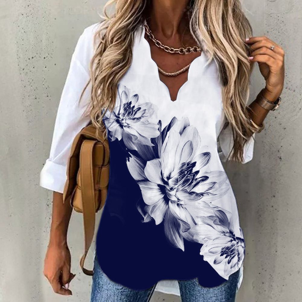 Regular Sleeve Sleeve Type Polyester, Chiffon Fabric Type Wholesale Women'S Fashion Flower Long Sleeve Printing Ruffles Blouses